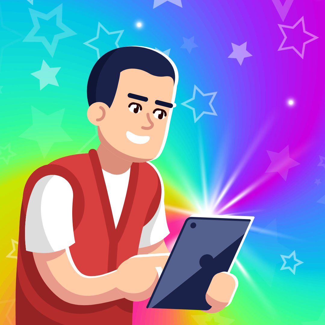Cartoon young person using a tablet on a rainbow background