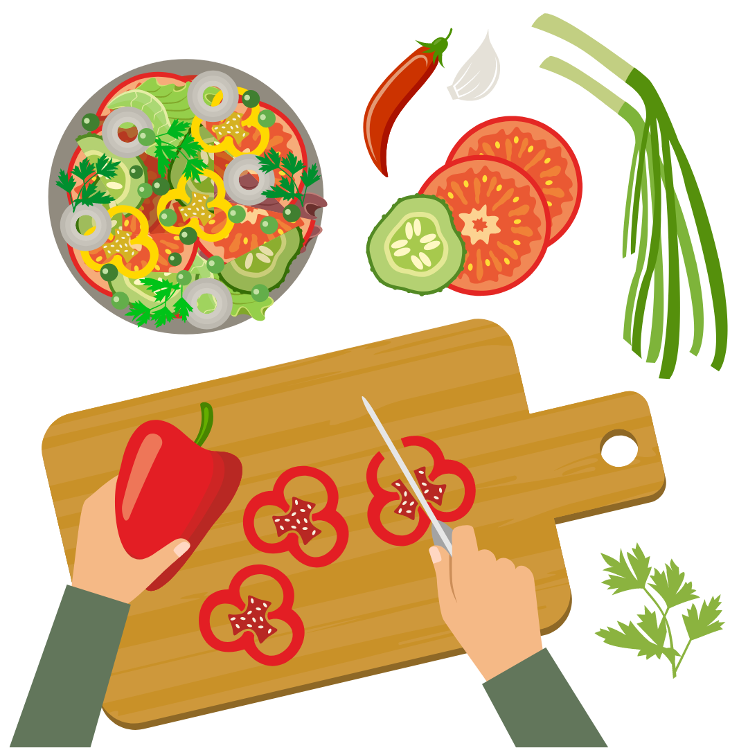 Person is chopping a red pepper on a cutting board surrounded by a salad and other vegetables.