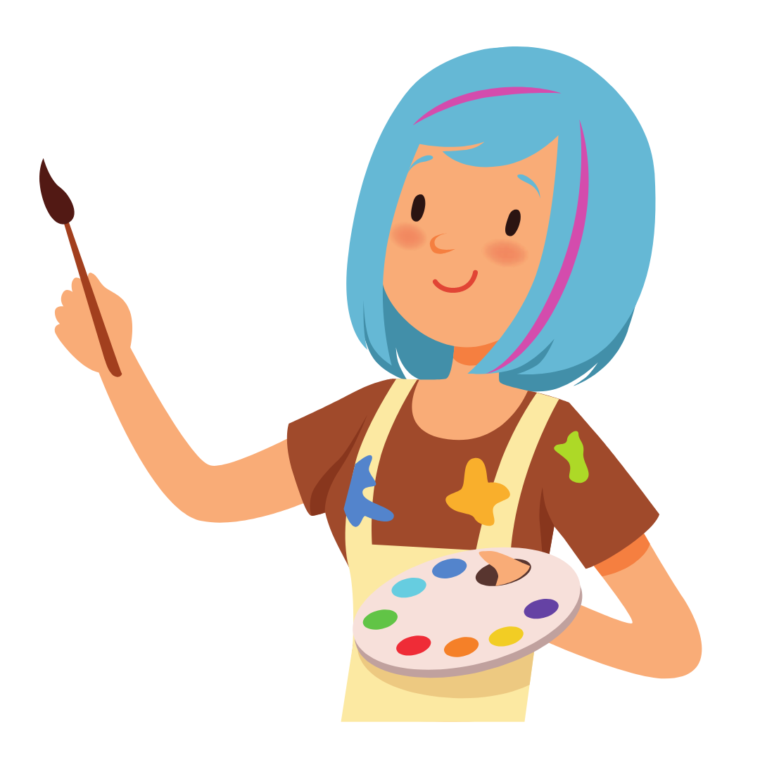 Woman with blue hair is holding a painter's palette and a paintbrush.