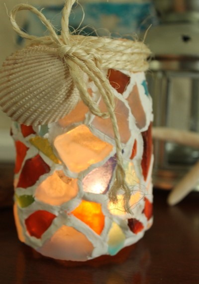 Colorful sea glass candle holder