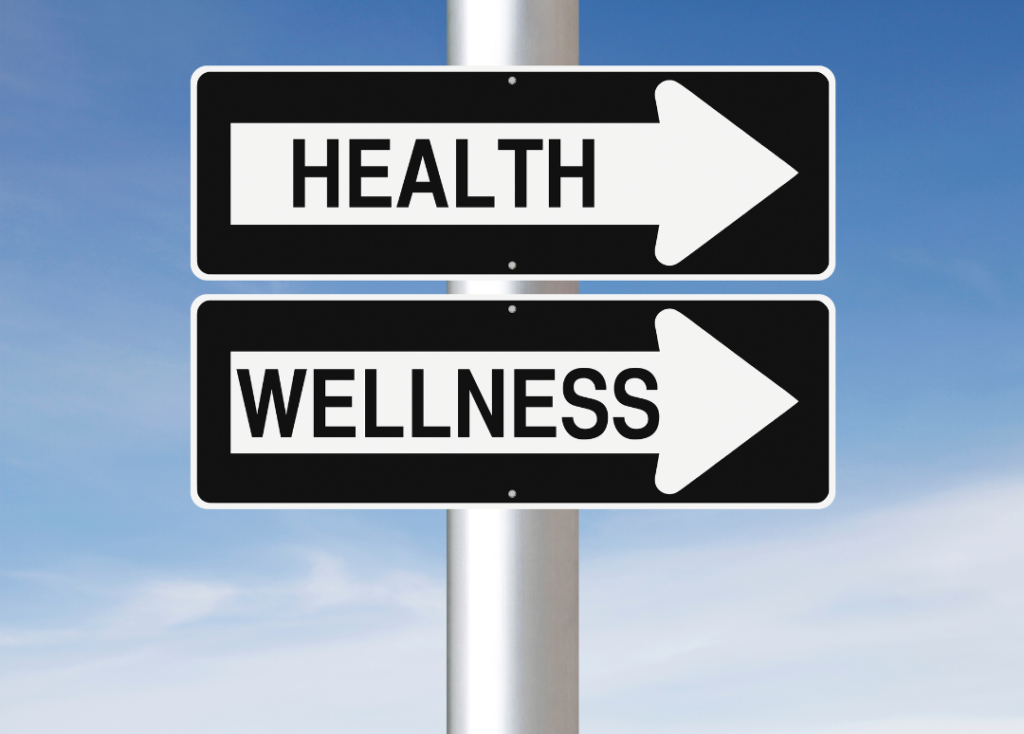 Two street signs with arrows that point to the right. The sign on the top says health. The sign on the bottom says wellness.