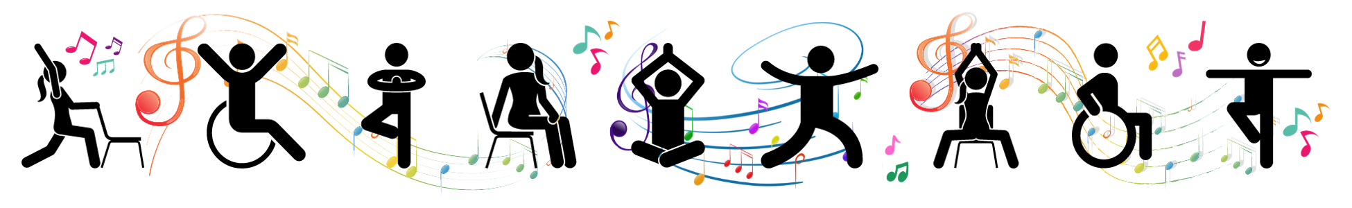 Icons of individuals dancing and performing exercises while seated, standing and using mobility devices.